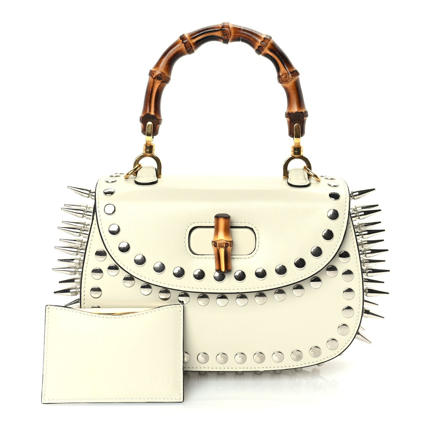 Boarded Dyana Lux Studded Calfskin Web Small Bamboo 1947 Top Handle Bag  Mystic White