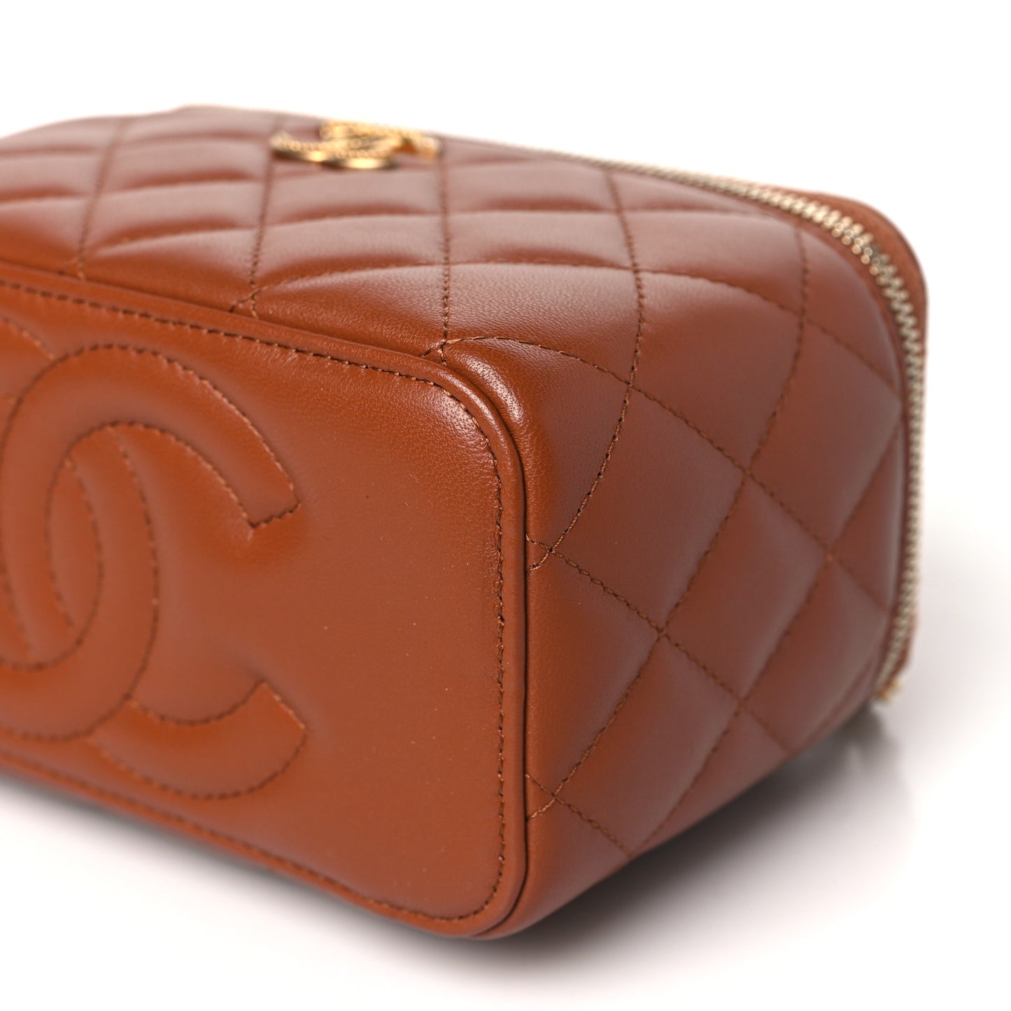 Lambskin Quilted Metal Twist Small Top Handle Vanity Case With Chain Brown