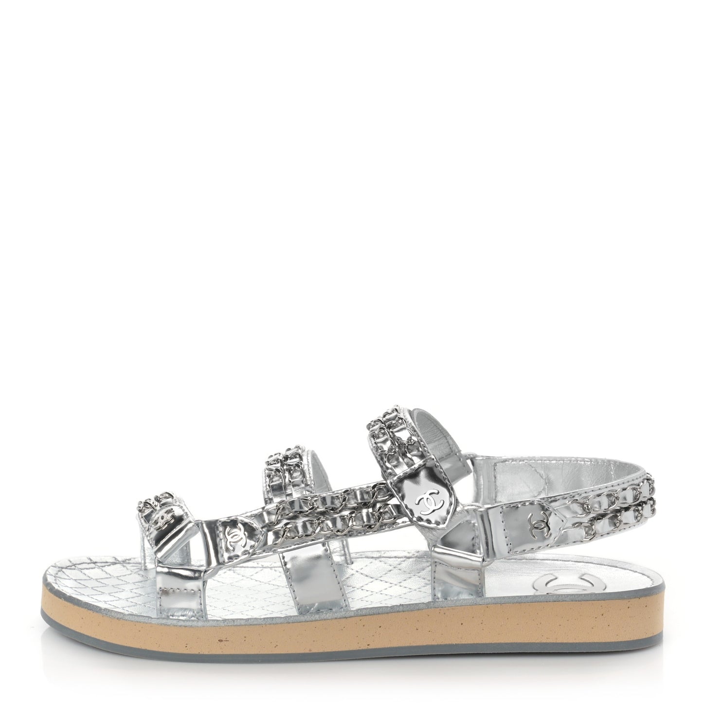 Metallic Laminated Goatskin Chain Flat Sandals 38 Silver