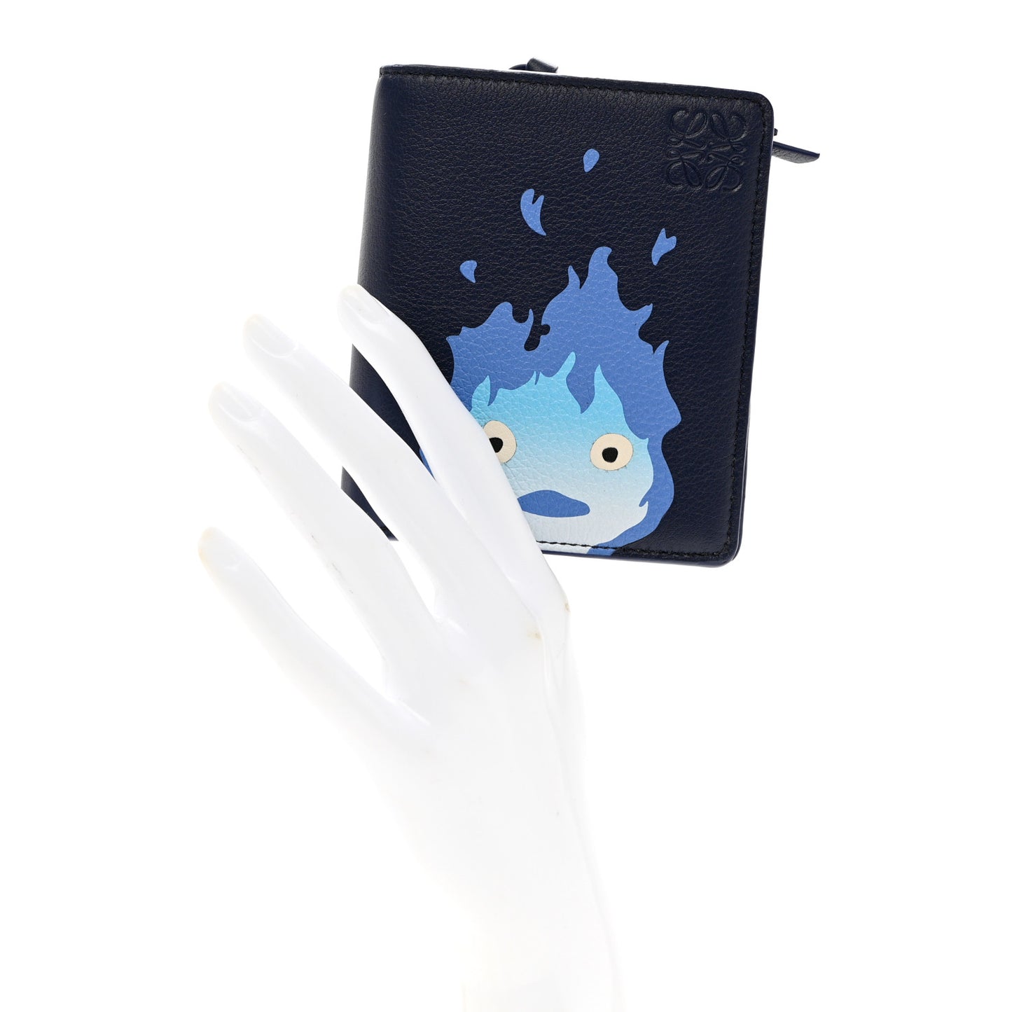 X HOWLS MOVING CASTLE Satin Calfskin Calcifer Compact Zip Wallet Marine