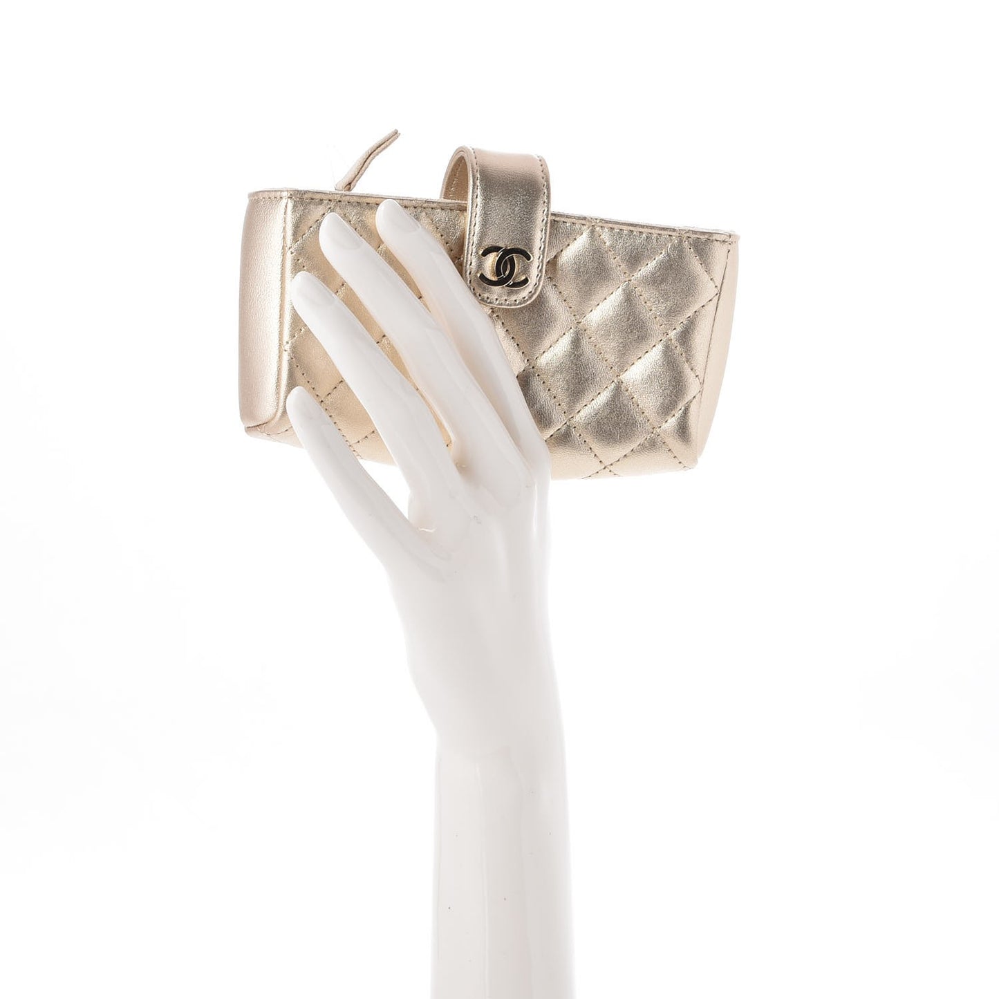 Metallic Calfskin Quilted Mini Phone Holder Clutch Light Gold