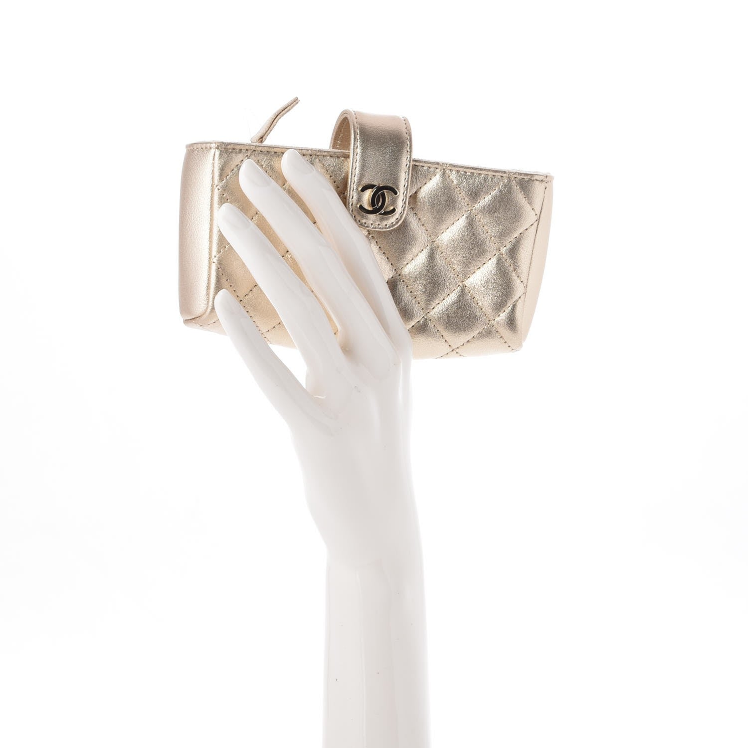 Chanel Metallic Calfskin Quilted Mini Phone Holder Clutch Light Gold 2 of 7