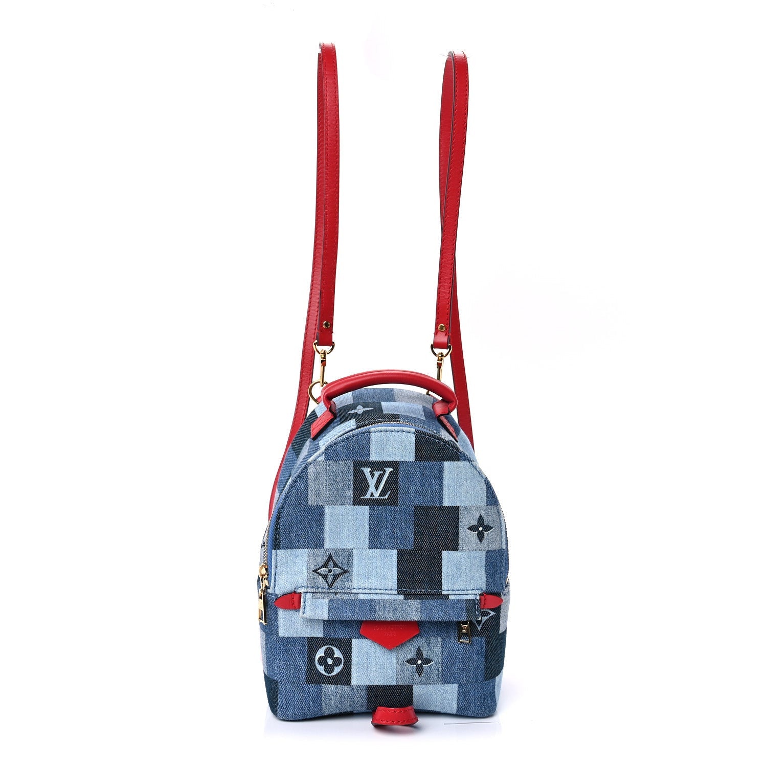 Louis Vuitton Denim Damier Monogram Patchwork Palm Springs Backpack Mini Blue Rouge 1 of 8