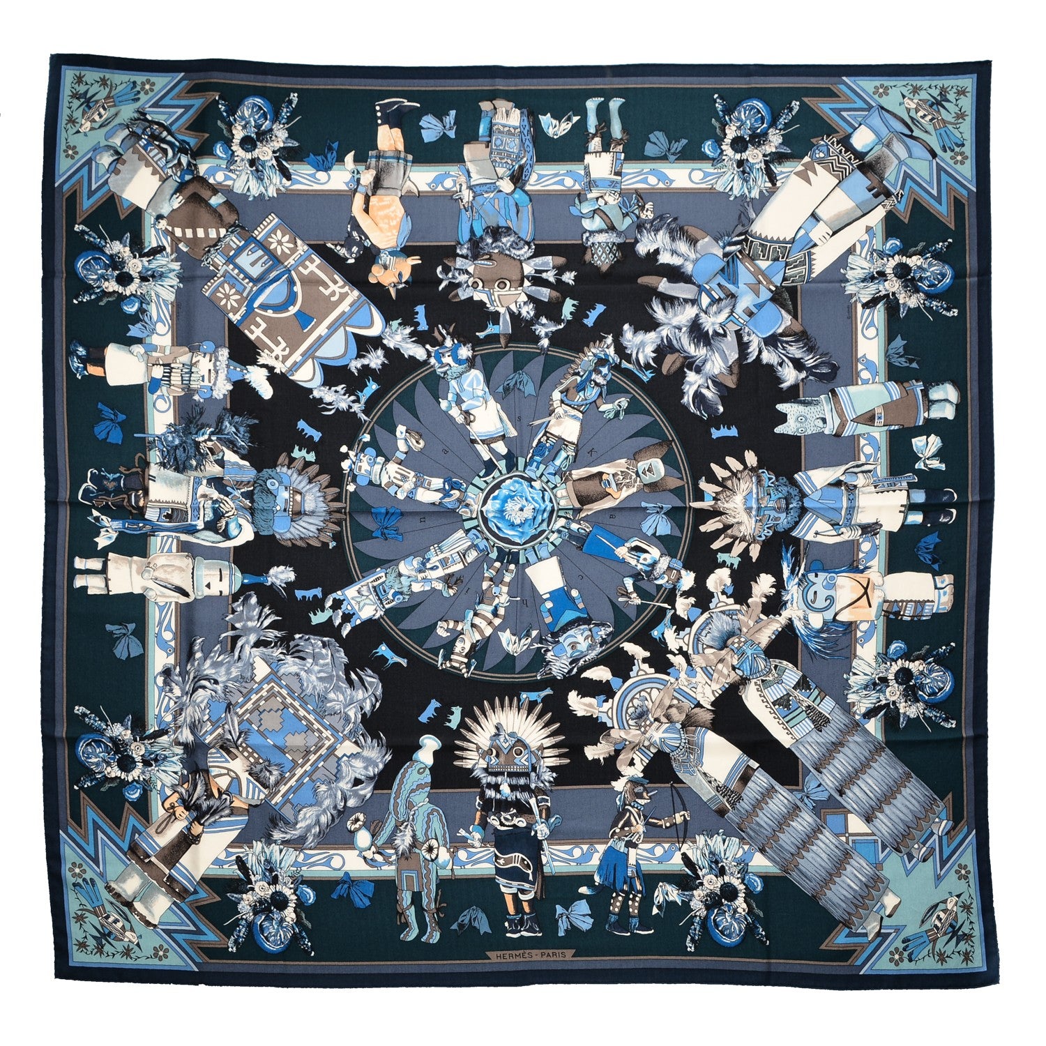 Hermes Cashmere Silk Kachinas Shawl 140 Marine Ciel Gris Bleuete 1 of 7