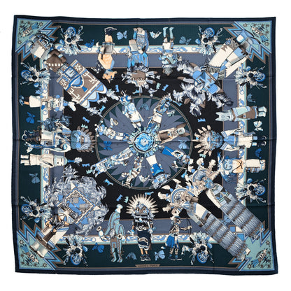 Hermes Cashmere Silk Kachinas Shawl 140 Marine Ciel Gris Bleuete 1 of 7