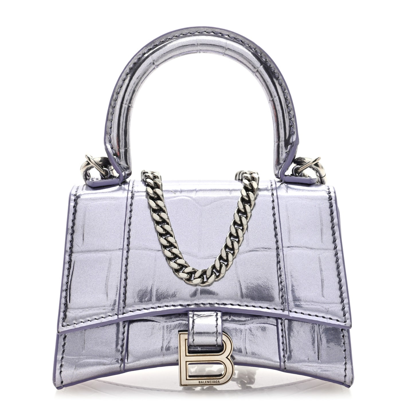 Metallic Calfskin Crocodile Embossed Hourglass Top Handle Bag Mini with Chain Lilac