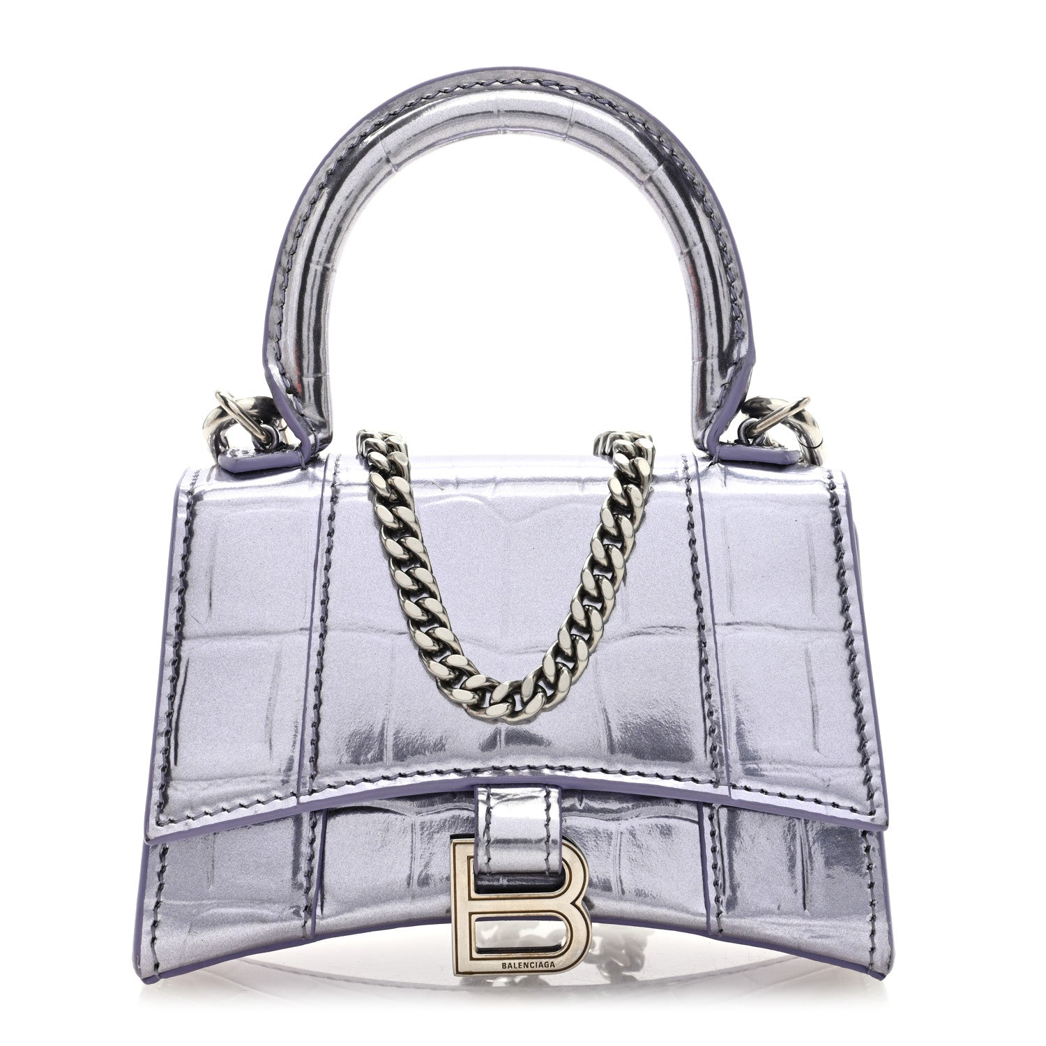 Balenciaga Metallic Calfskin Crocodile Embossed Hourglass Top Handle Bag Mini with Chain Lilac 1 of 8