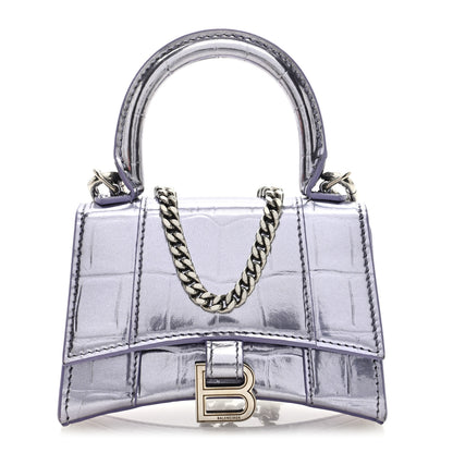 Balenciaga Metallic Calfskin Crocodile Embossed Hourglass Top Handle Bag Mini with Chain Lilac 1 of 8