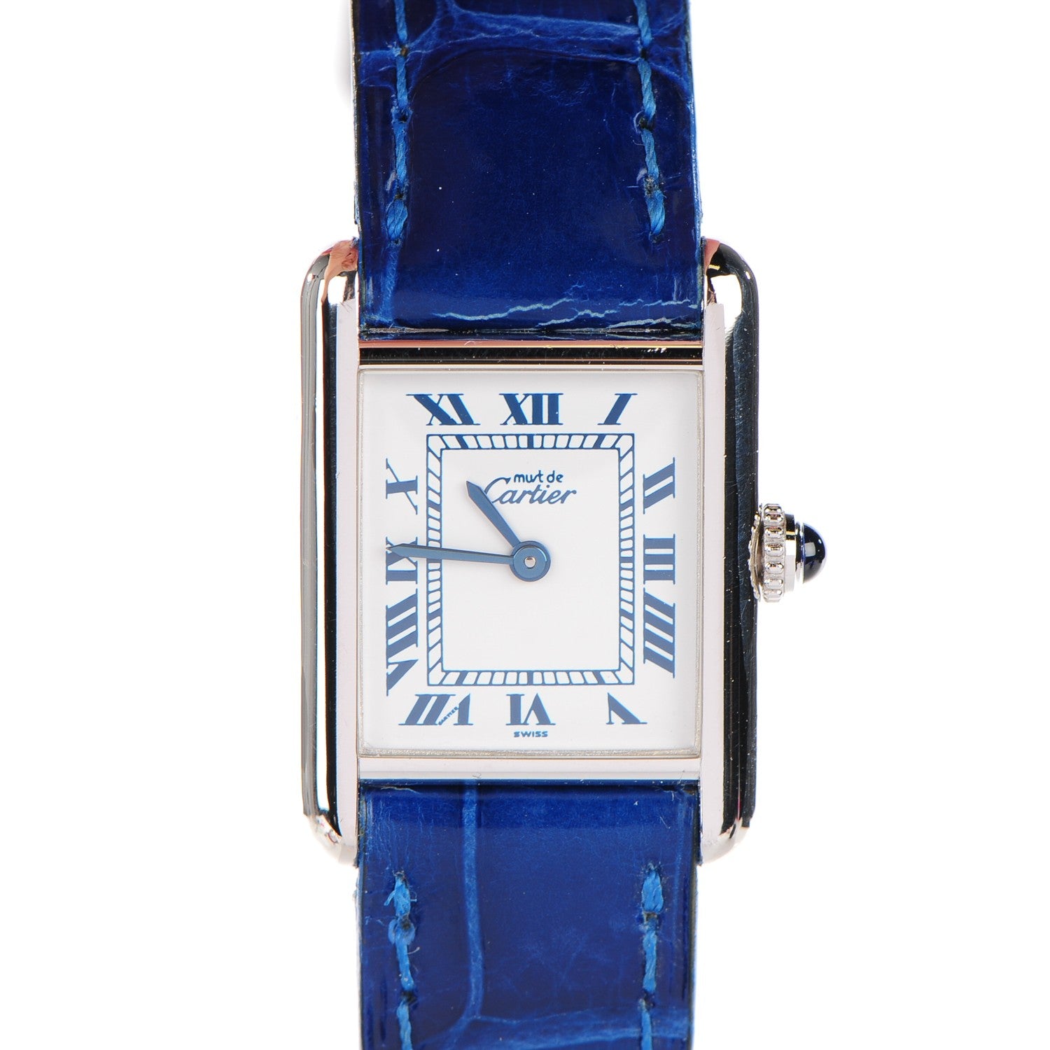 Cartier Sterling Silver Alligator 20mm Must de Cartier Tank Quartz Watch Blue 1 of 10