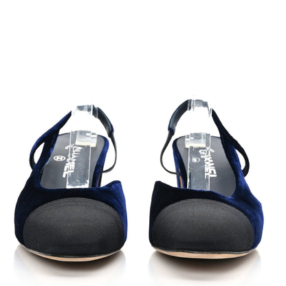 Chanel Velvet Grosgrain Cap Toe CC Slingback Pumps 40.5 Blue Black 2 of 8