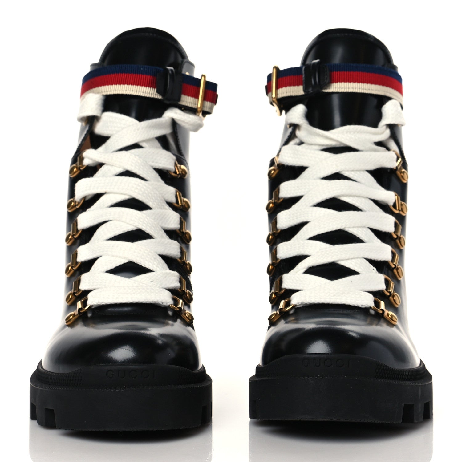 Gucci Calfskin Sylvie Web Lace Up Combat Boots 40 Black 2 of 9