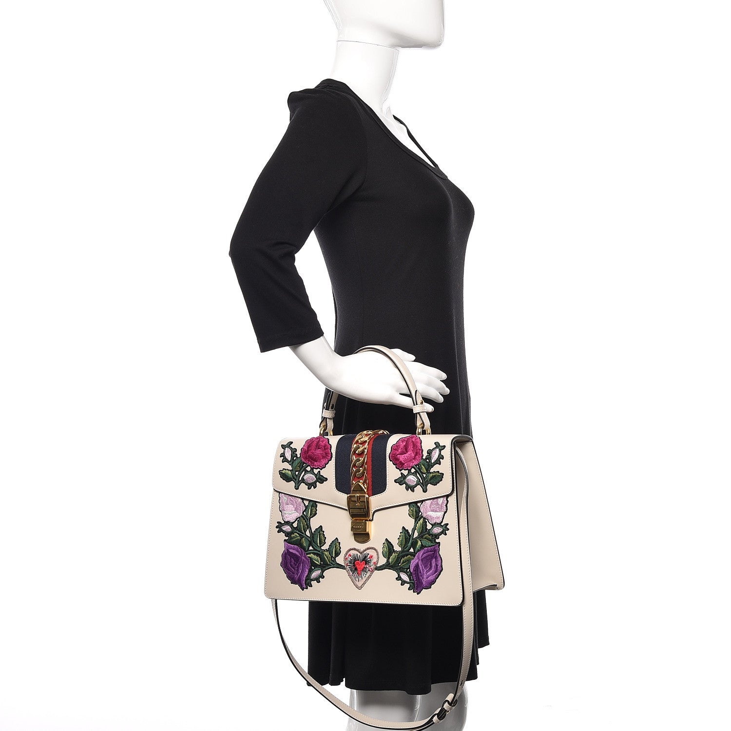 Gucci Calfskin Embroidered Medium Sylvie Top Handle Bag White 2 of 11