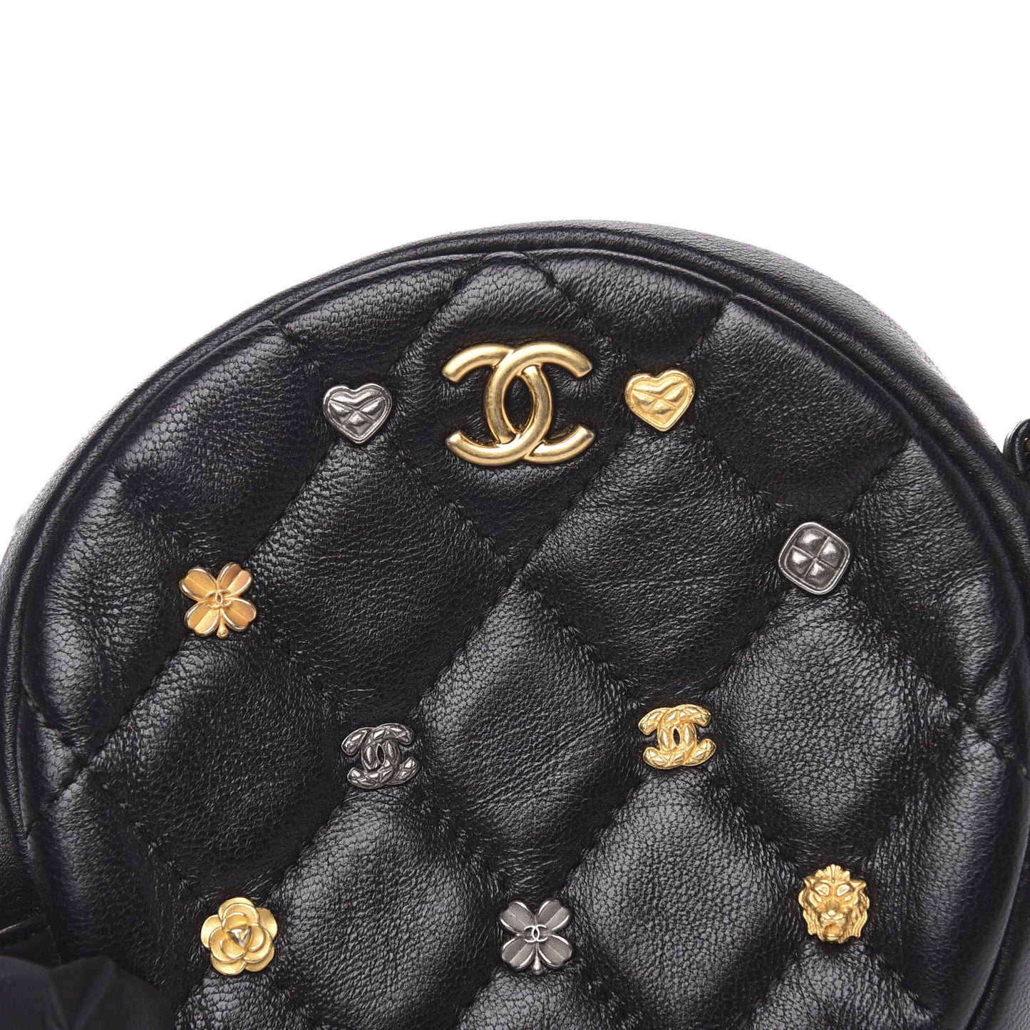 Lambskin Quilted Studded Round Clutch With Chain Black