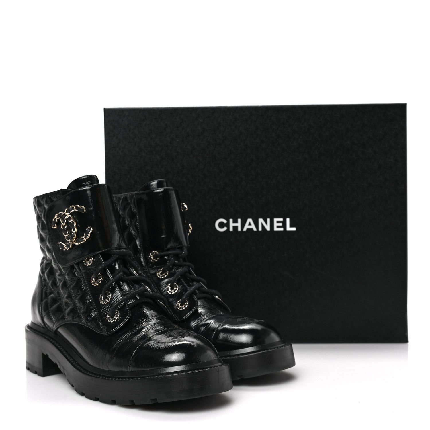 Chanel Shiny Calfskin Quilted Lace Up Combat Boots 40.5 Black 7 of 7