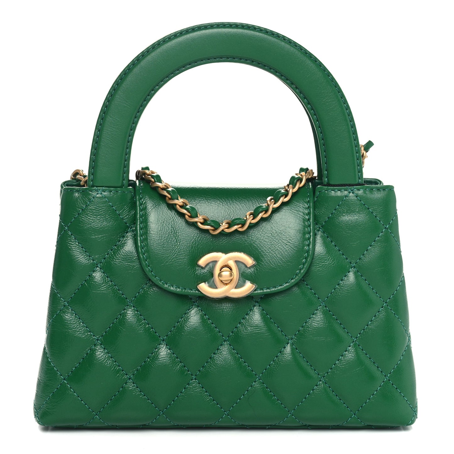 Shiny Aged Calfskin Quilted Nano Kelly Shopper Green
