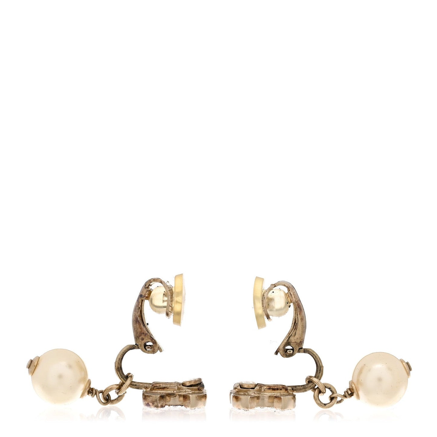 Pearl Crystal CC Drop Clip On Earrings Gold White