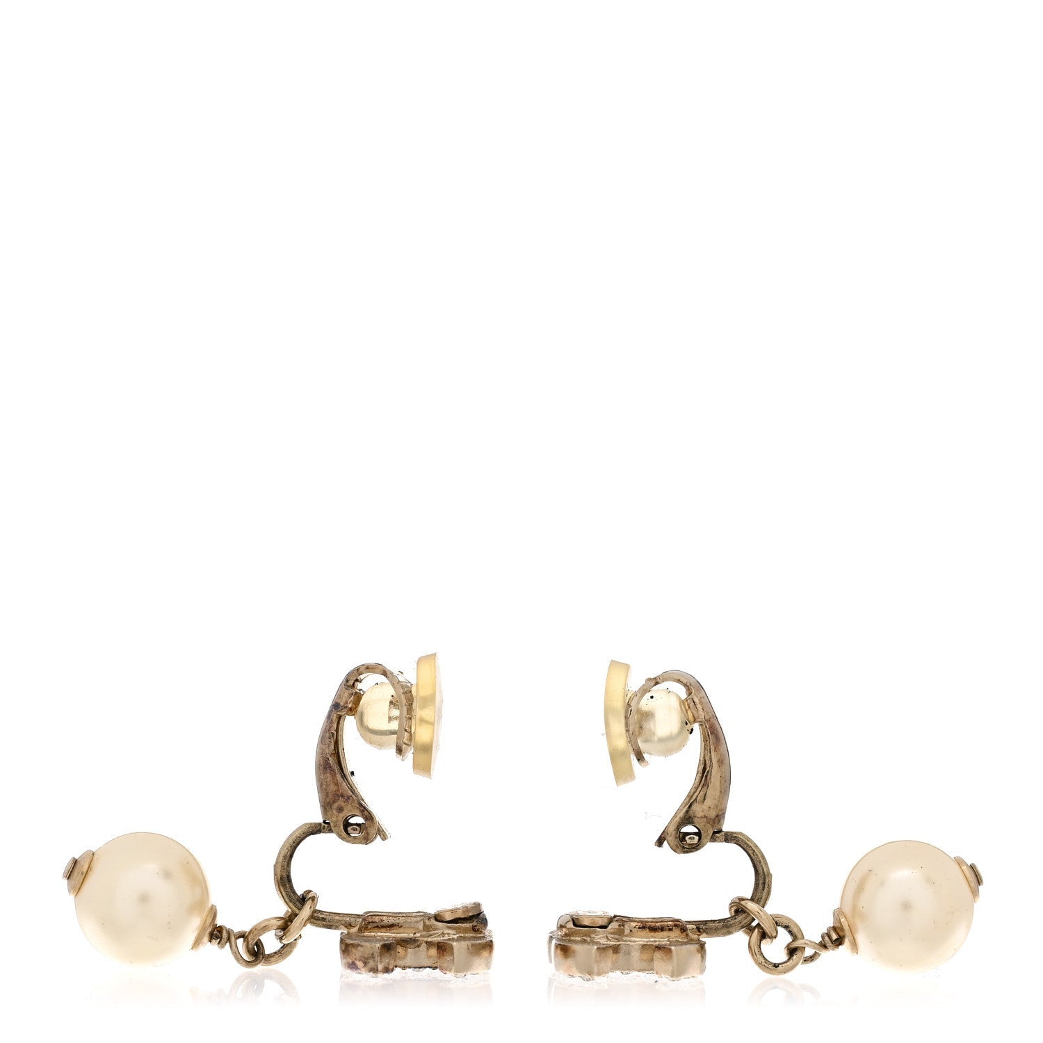 Chanel Pearl Crystal CC Drop Clip On Earrings Gold White 3 of 4