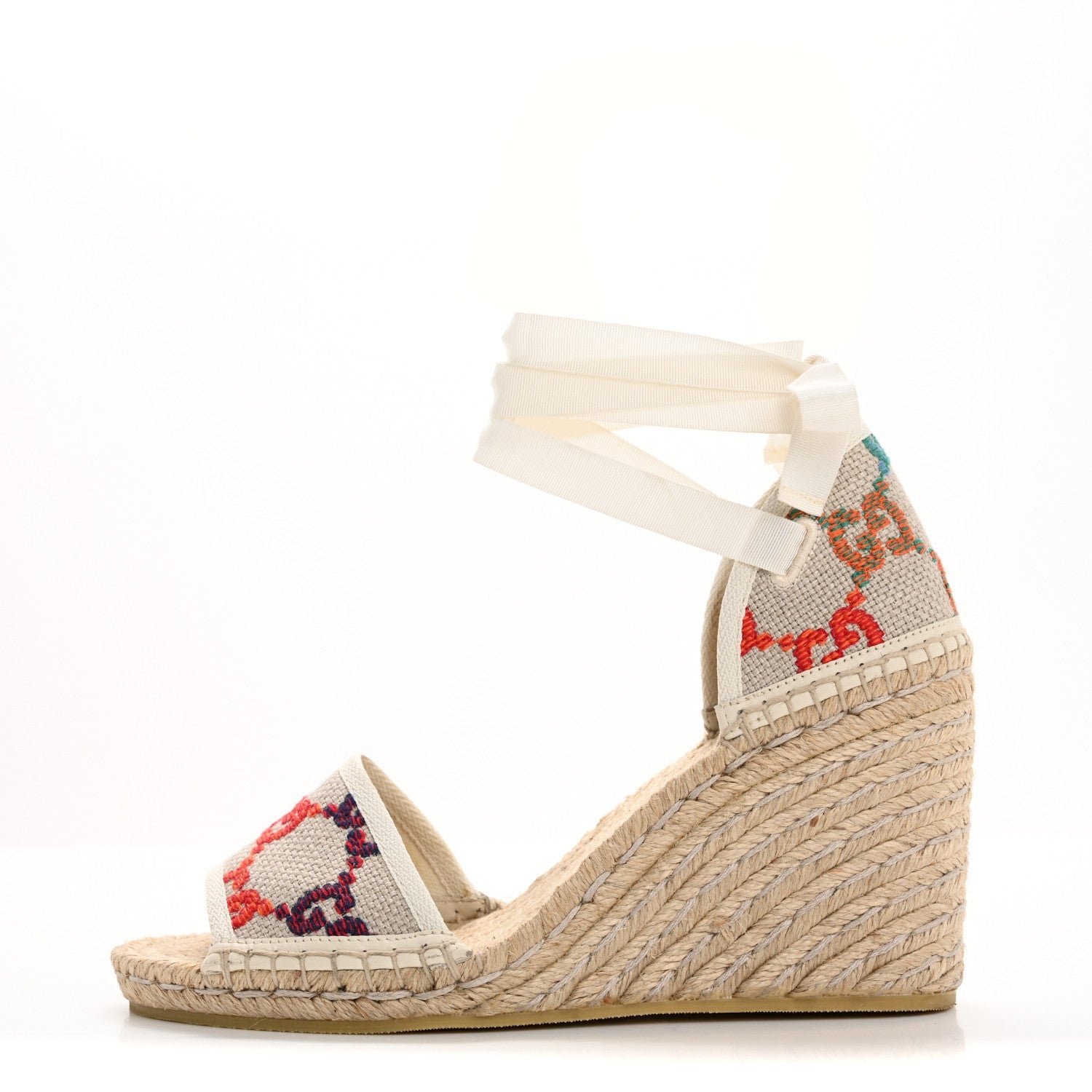 Gucci Linen Psychedelic Mini GG Monogram Ankle Wrap Platform Espadrille Wedge Sandals 39 Multicolor Mystic White 1 of 7