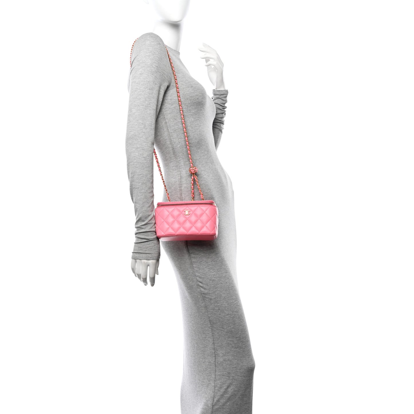 Lambskin Quilted Small Pearl Crush Vanity Case With Chain Pink