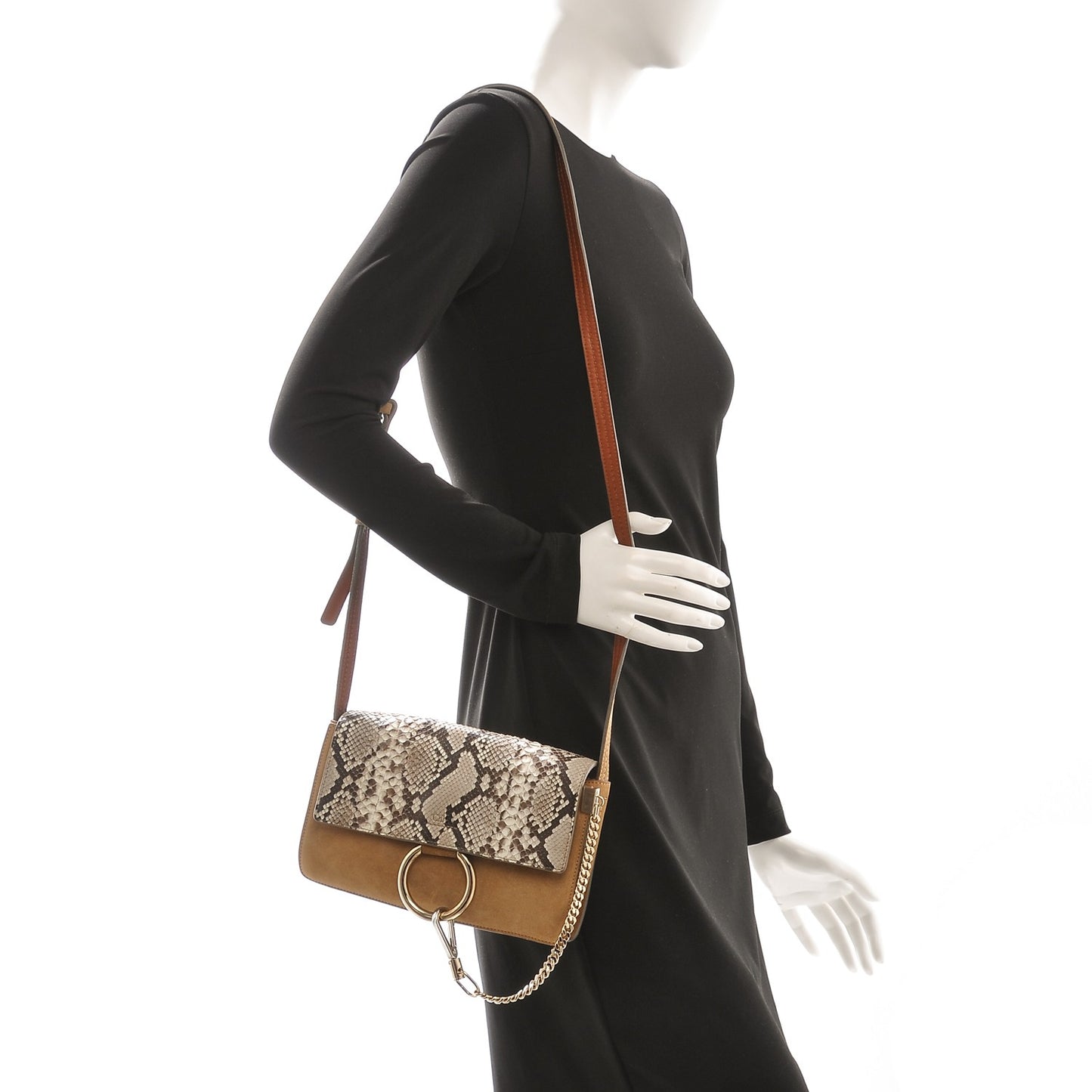 Suede Python Calfskin Small Faye Shoulder Bag Desert Beige