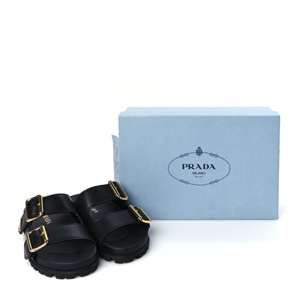 Prada Vitello Sport Metal Triangle Logo Womens Double Buckle 20mm Slide Sandals Black 9 of 9