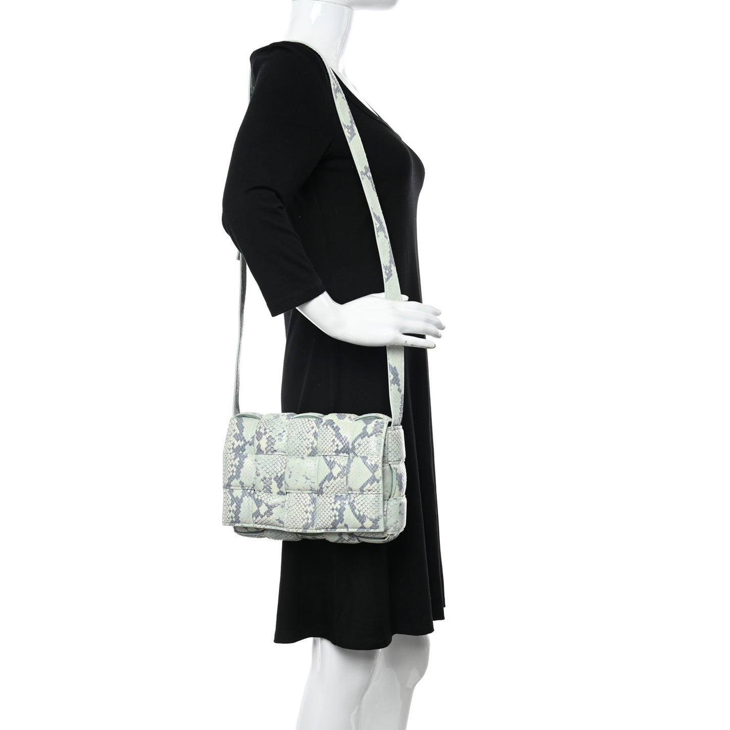 Goatskin Python Embossed Padded Cassette Crossbody Bag Dew Black Silver