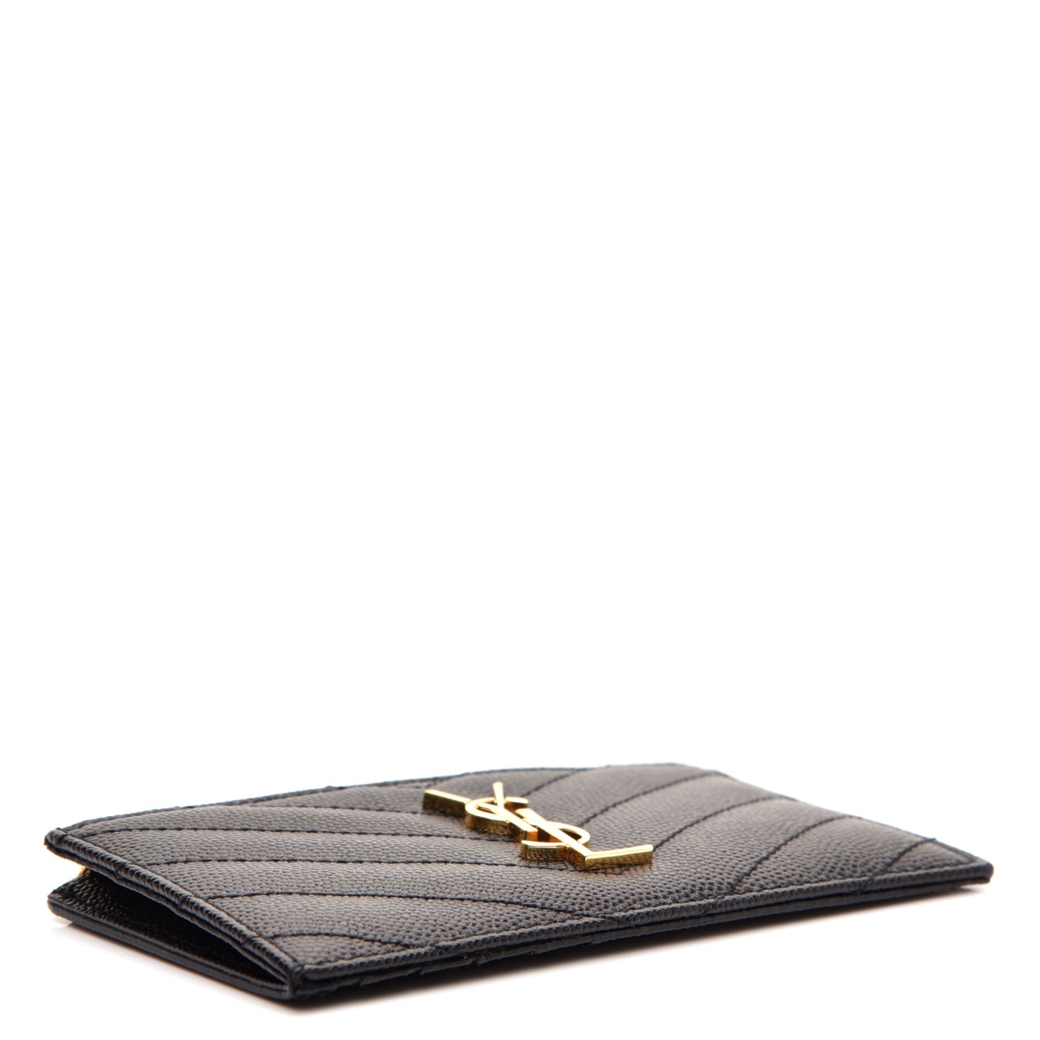 Saint Laurent Grain De Poudre Matelasse Chevron Monogram Fragments Zippered Card Case Black 4 of 7
