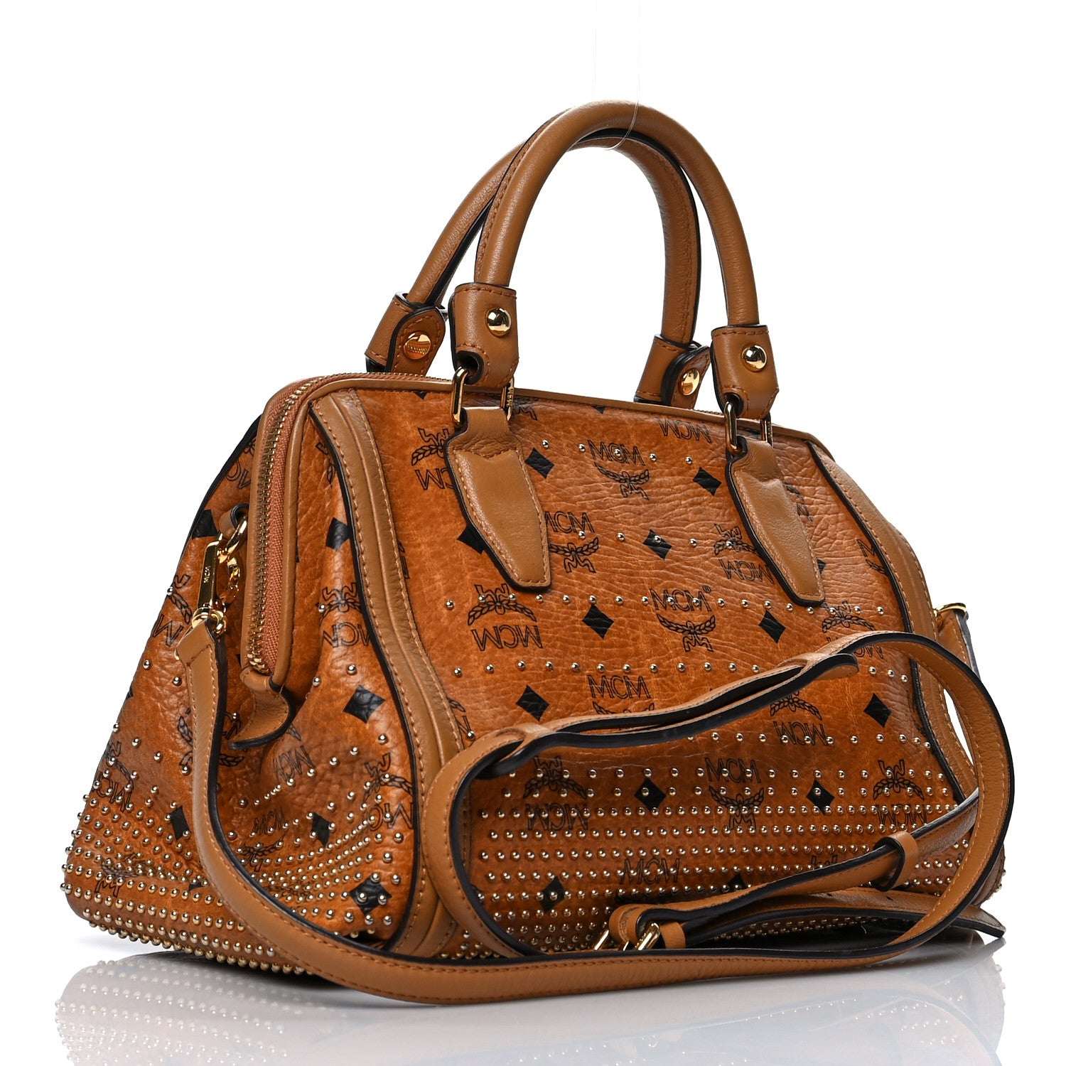 MCM Visetos Studded Boston Satchel Cognac 3 of 9