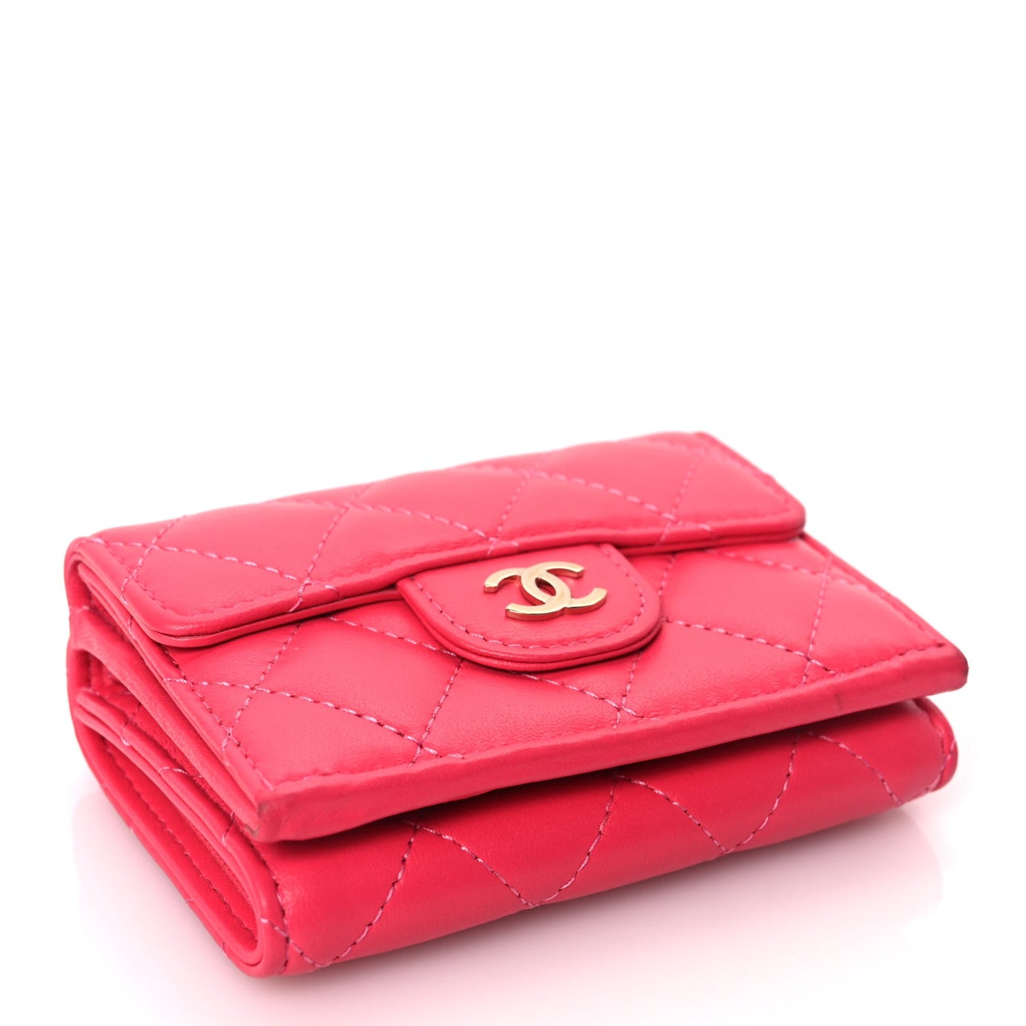 Lambskin Quilted Tri-Fold Flap Wallet Pink