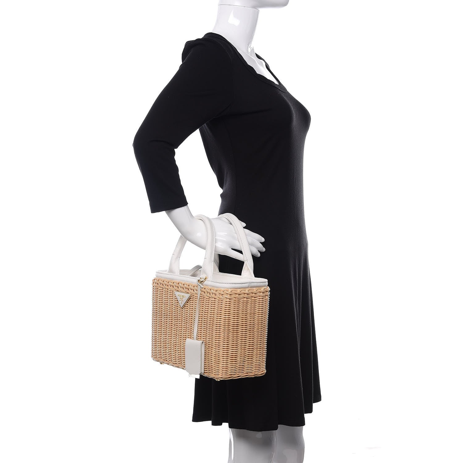 Prada Canvas Wicker Shoulder Bag White Tan 3 of 10