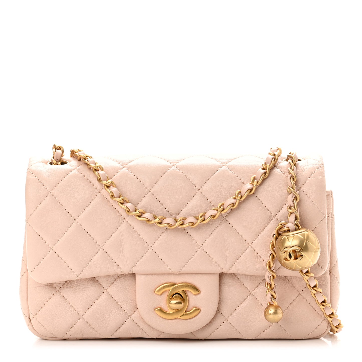 Lambskin Quilted Mini Rectangular Pearl Crush Flap Light Beige