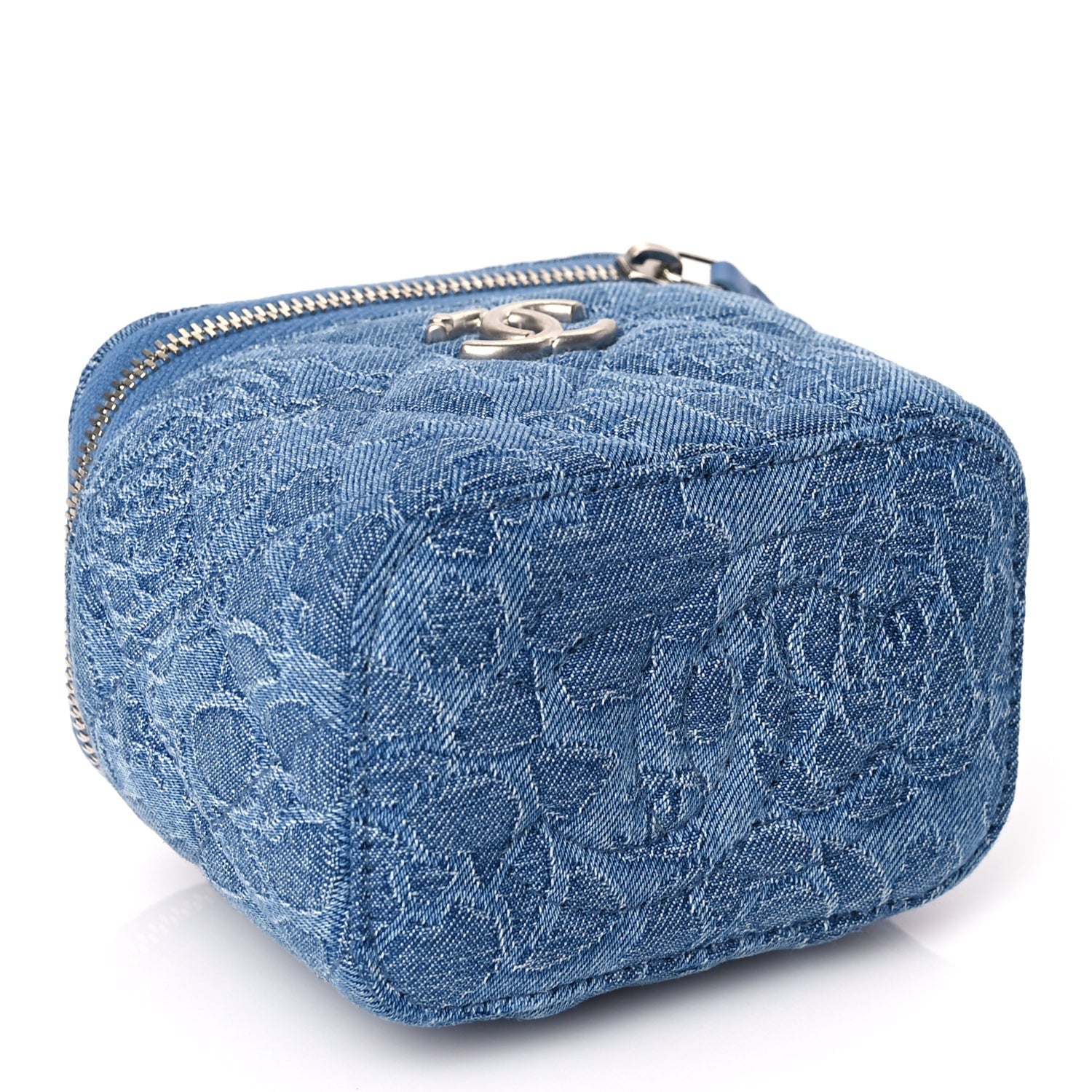 Chanel Denim Quilted Camellia Sweetheart Mini Vanity Case With Chain Blue 3 of 9