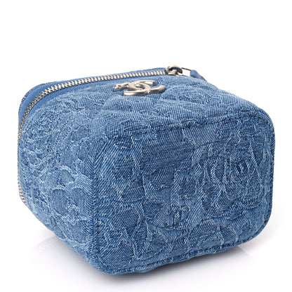 Chanel Denim Quilted Camellia Sweetheart Mini Vanity Case With Chain Blue 3 of 9