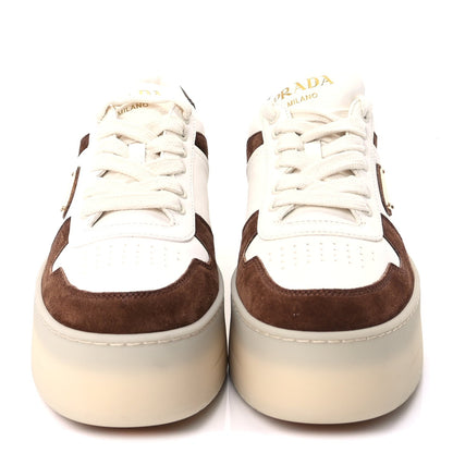 Prada Suede Nappa Triangle Womens Downtown Platform Low Top Sneakers 37.5 White Cocoa Brown 2 of 10