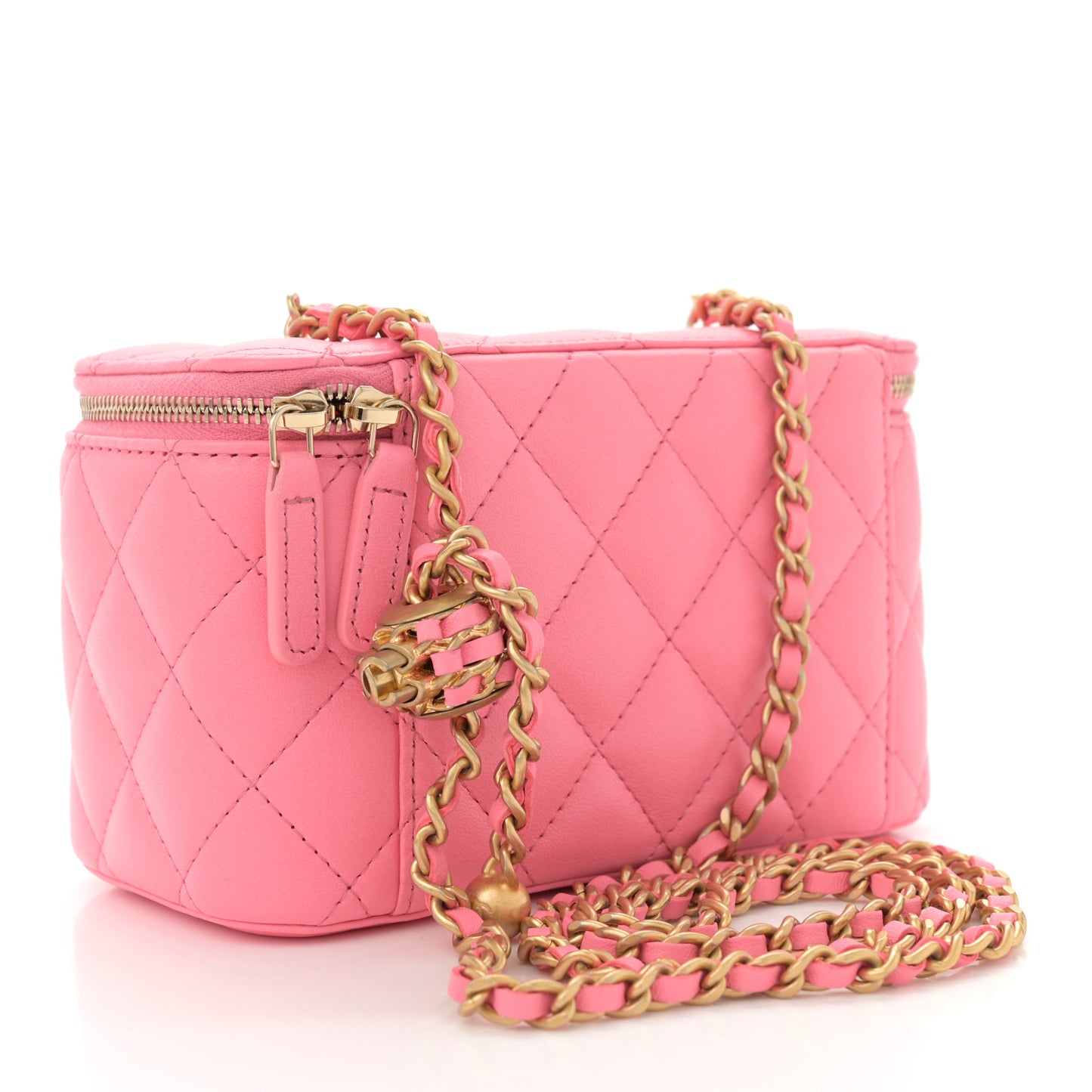 Lambskin Quilted Small Pearl Crush Vanity Case With Chain Pink