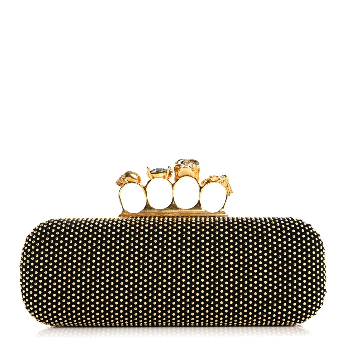 Suede Studded Skull Knuckle Box Clutch Black Gold