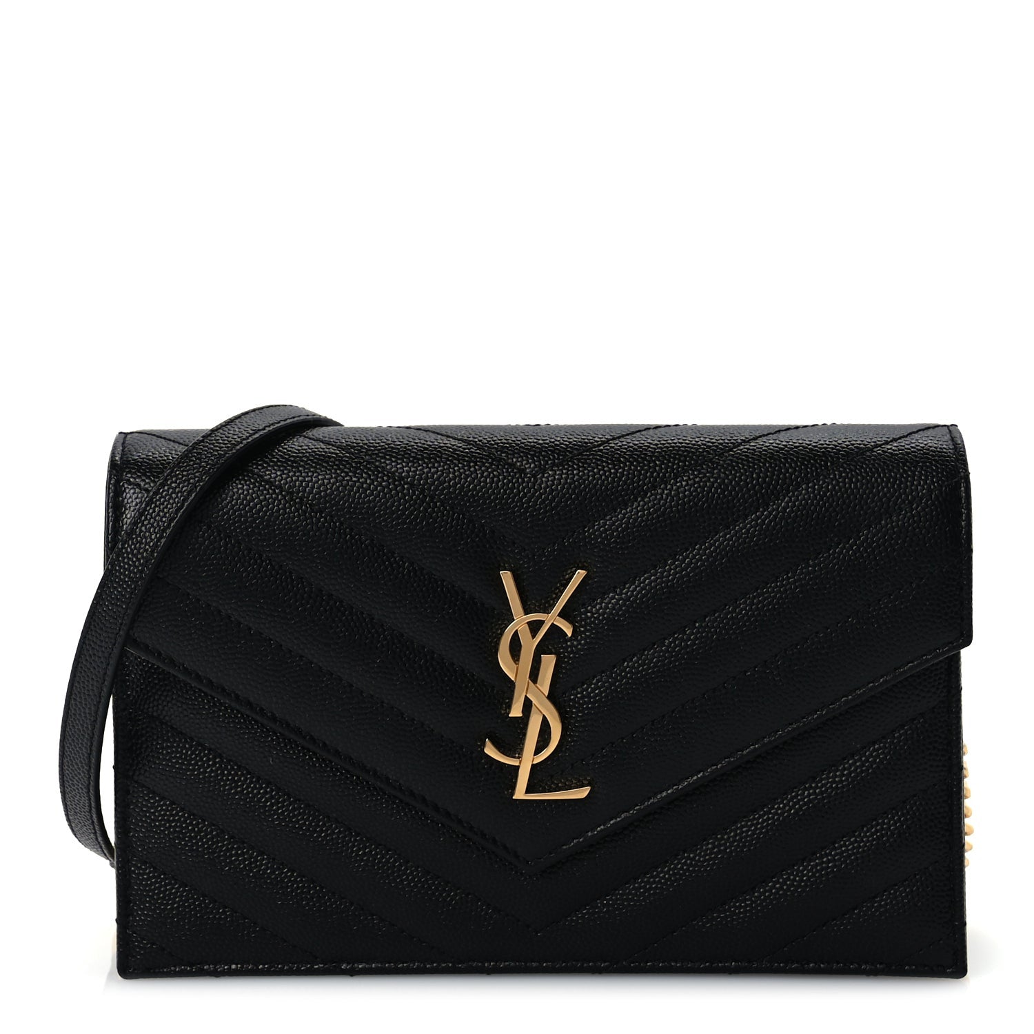 Saint Laurent Grain De Poudre Matelasse Chevron Monogram Envelope Chain Wallet  Black 1 of 8