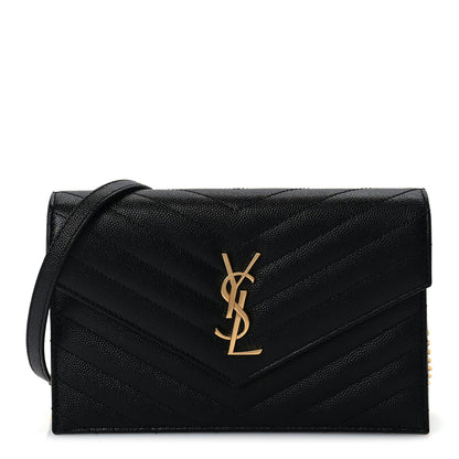 Saint Laurent Grain De Poudre Matelasse Chevron Monogram Envelope Chain Wallet  Black 1 of 8