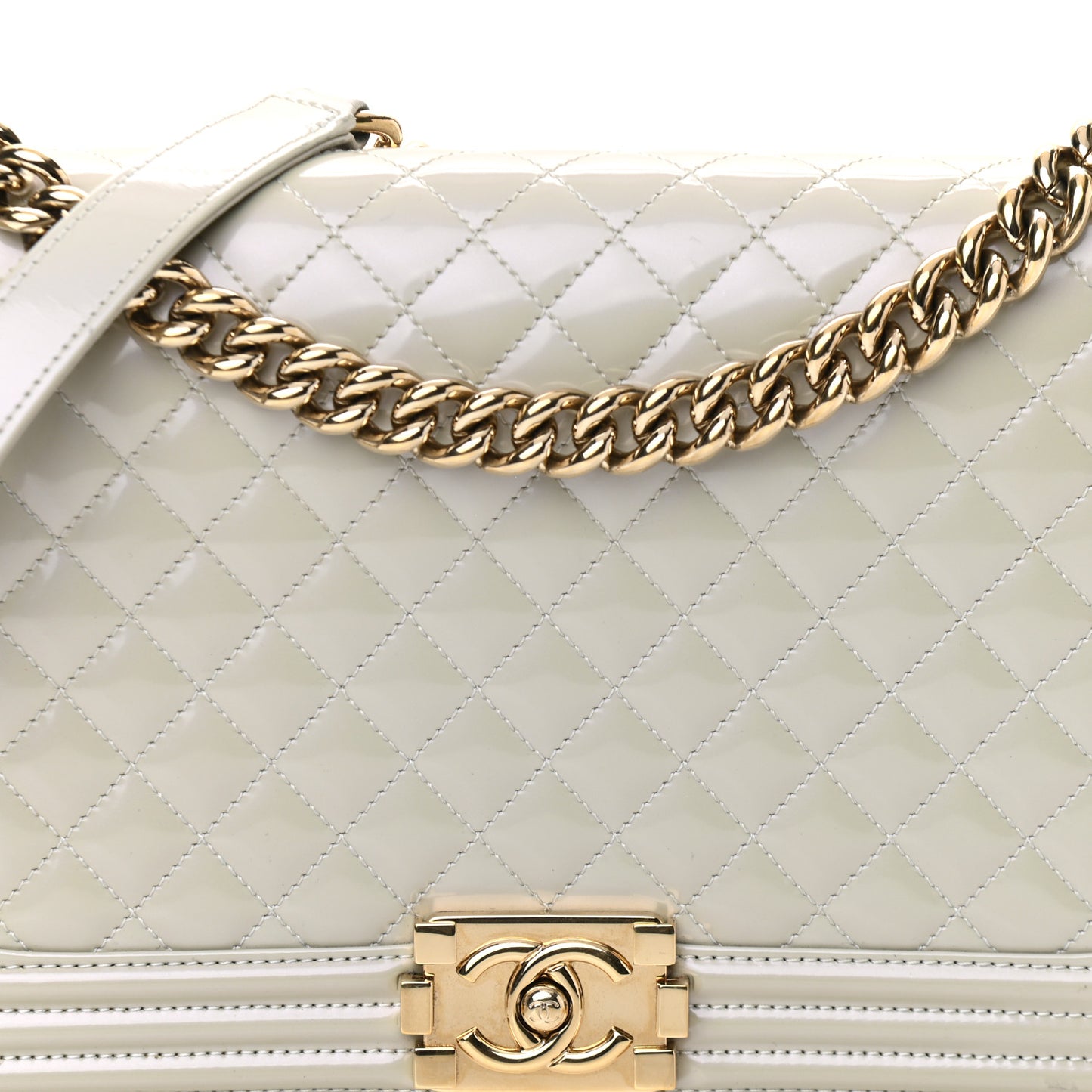 Iridescent Glazed Calfskin Quilted New Medium Boy Flap Light Grey