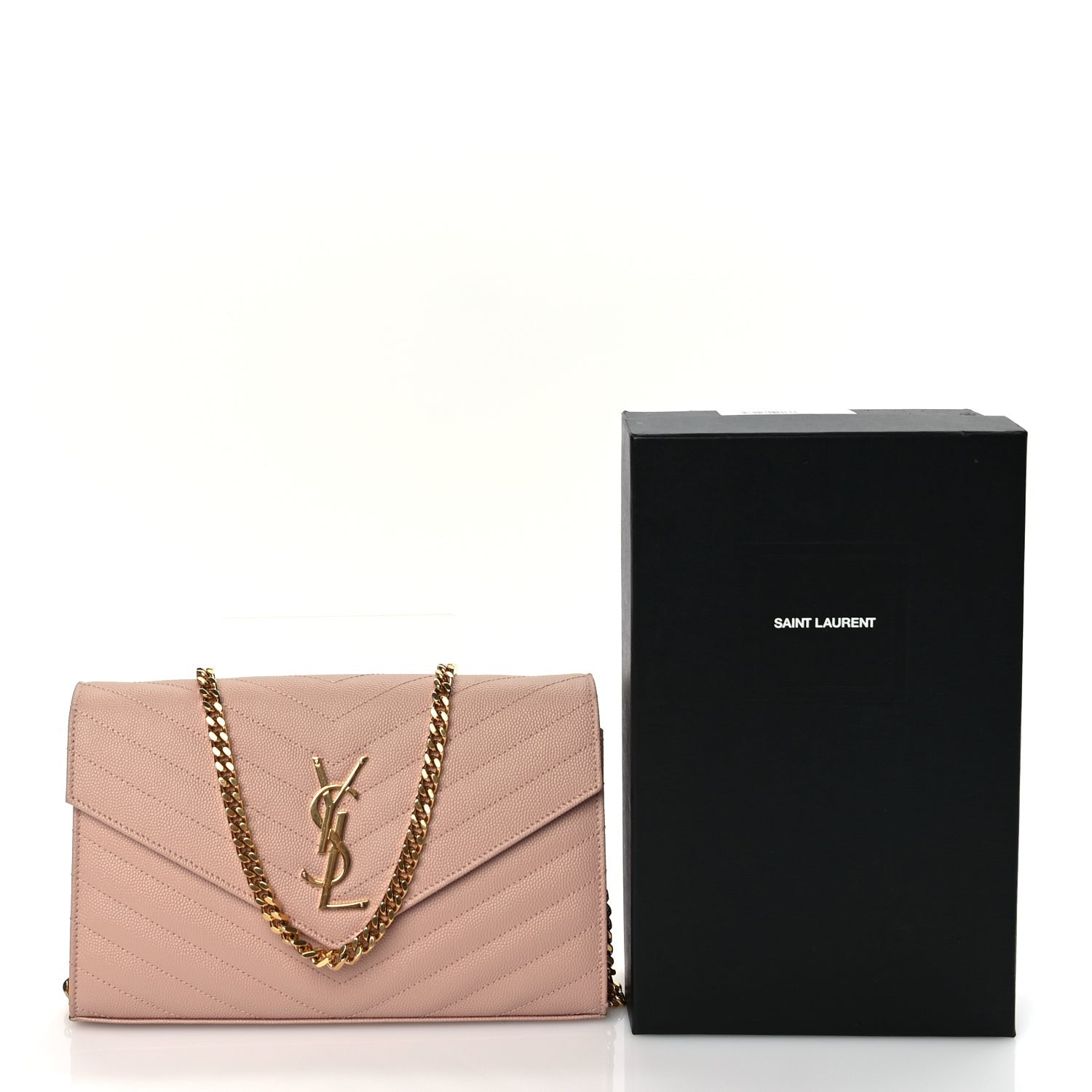 Saint Laurent Grain De Poudre Matelasse Chevron Monogram Chain Wallet Pale Blush 9 of 9