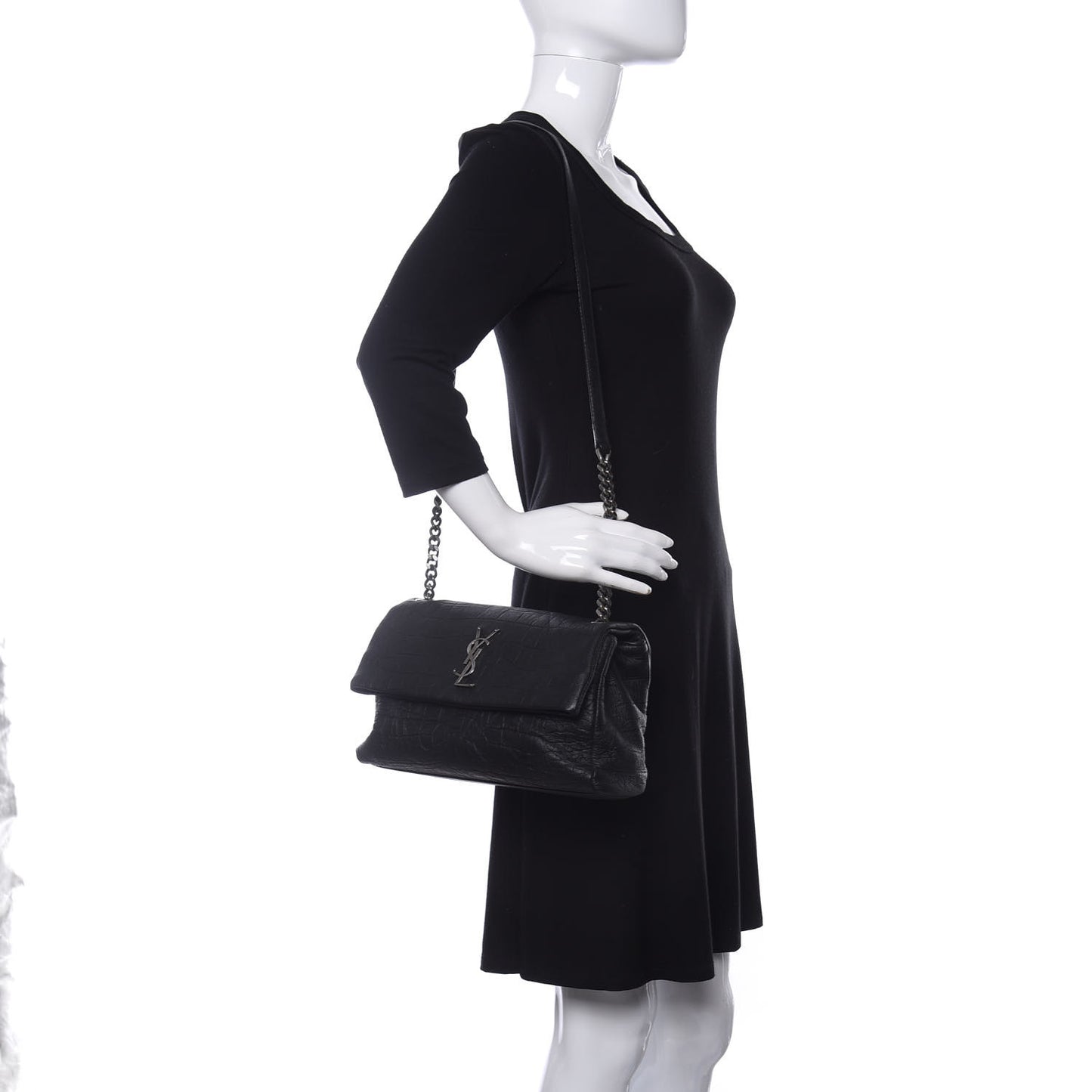 Calfskin Crocodile Embossed Medium West Hollywood Monogram Fold-Over Black