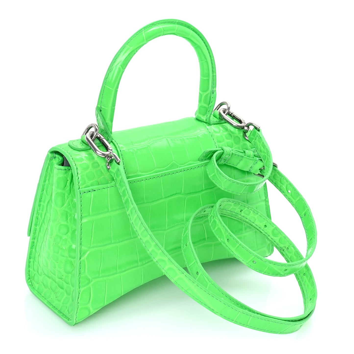 Shiny Calfskin Strass Crocodile Embossed Hourglass Top Handle Bag XS  Fluo Green
