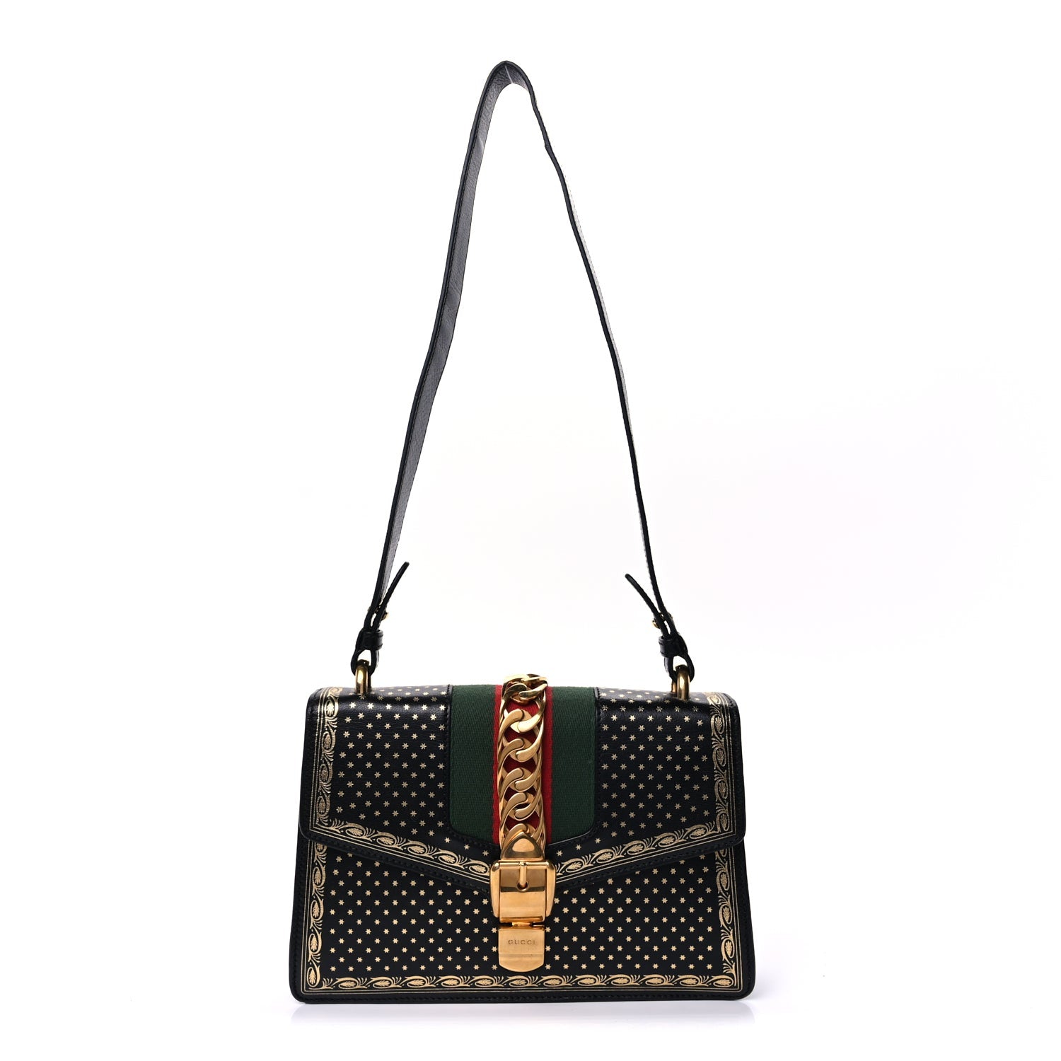 Gucci Calfskin Star Printed Small Sylvie Shoulder Bag Gold Black 1 of 7