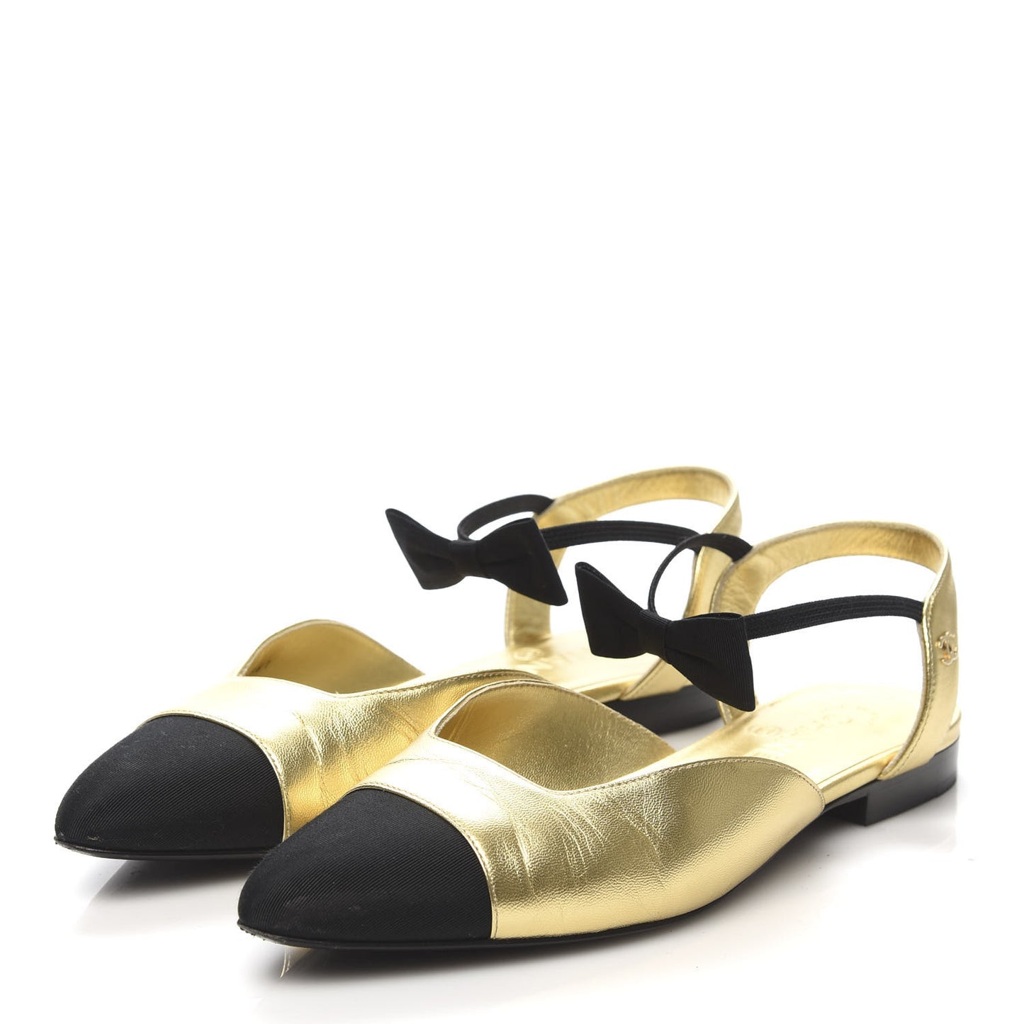 Laminated Lambskin Grosgrain Cap Toe Bow Flats 38.5 Gold Black