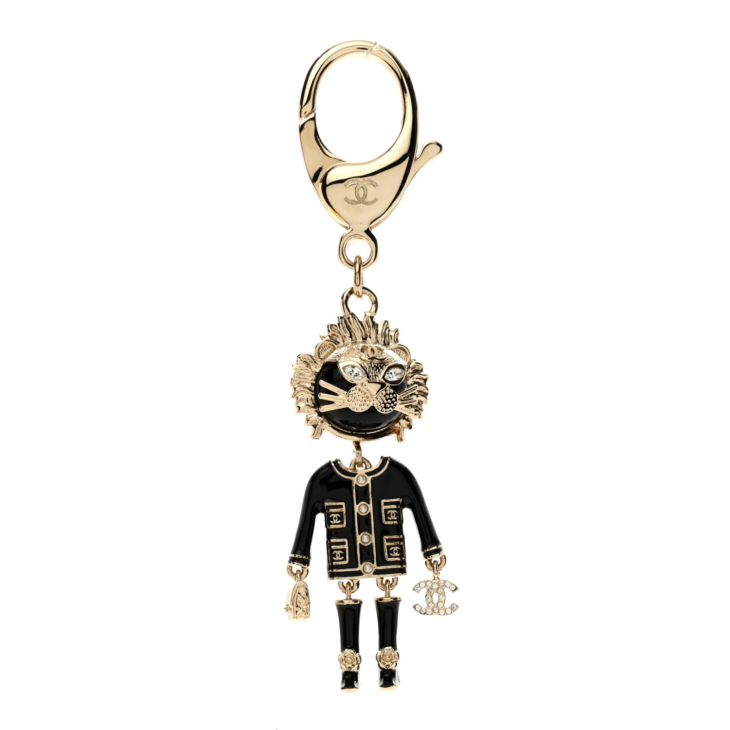 Chanel Enamel Crystal Pearl CC Lion Bag Charm Black White 1 of 3