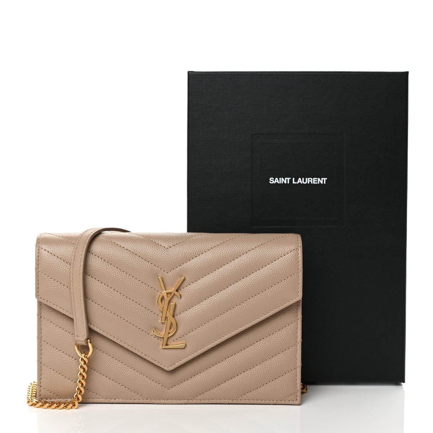 Grain De Poudre Matelasse Chevron Monogram Envelope Chain Wallet Dark Beige