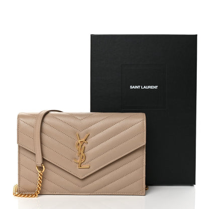 Saint Laurent Grain De Poudre Matelasse Chevron Monogram Envelope Chain Wallet Dark Beige 10 of 10