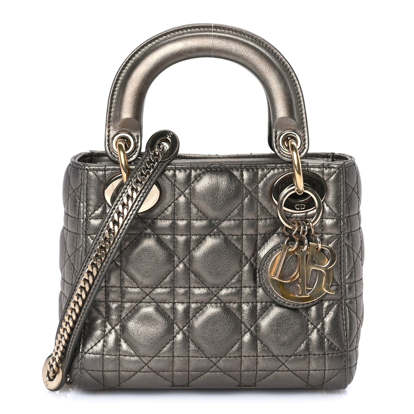 Metallic Lambskin Cannage Mini Lady Dior Dark Grey