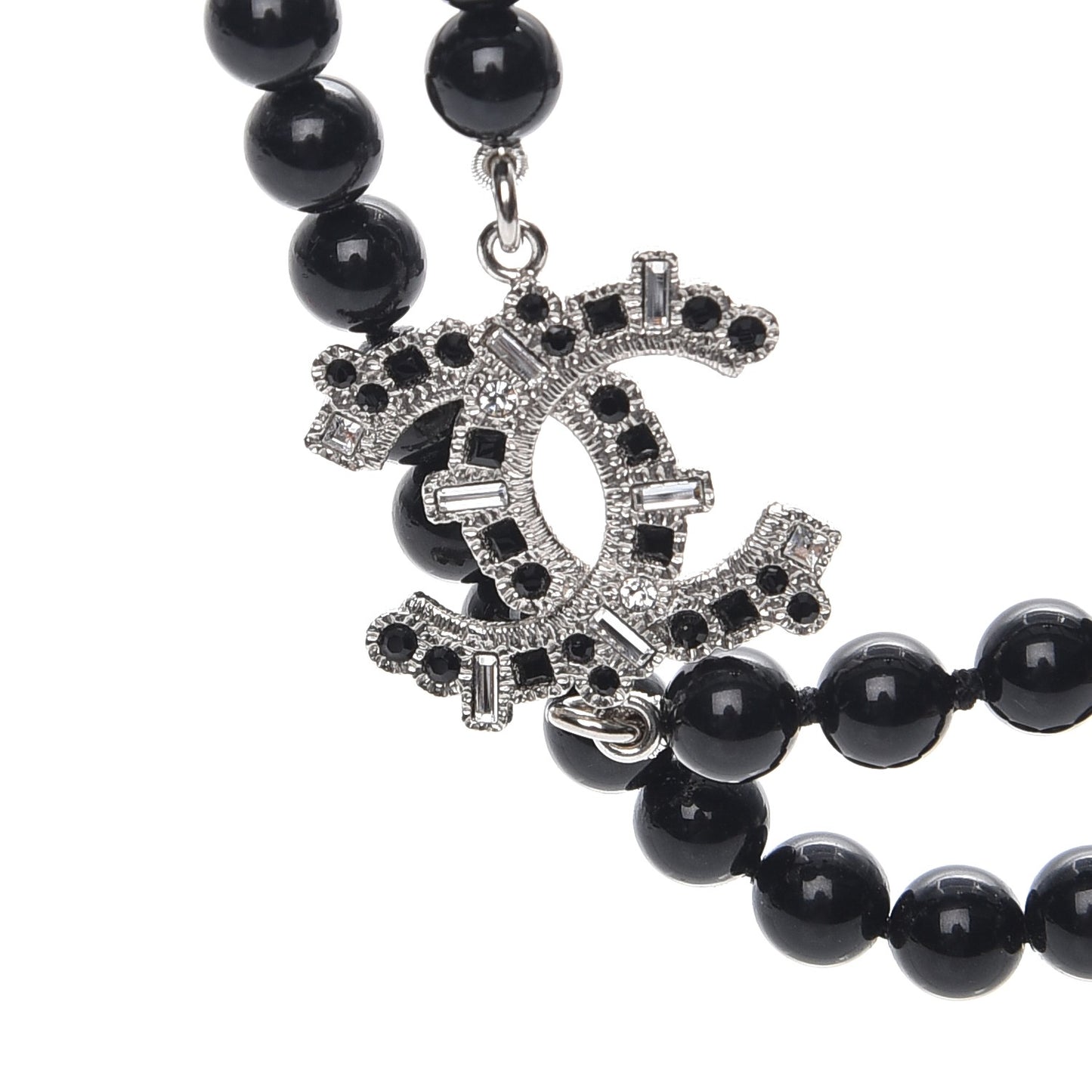 Baguette Crystal Beaded CC Long Necklace Black Silver