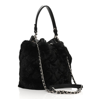 Chanel Fur Chain Drawstring Bucket Bag Black 4 of 11
